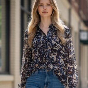 CAbi Starry Night Blouse - Ruffle Front, Banded Waist, Chiffon-Like Material.